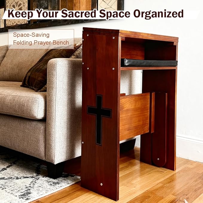 Wooden Prayer Kneeler with Storage Shelf & Cushion - Folding Prayer Bench for Home and Church, Comfortable Kneeling Devotional Pew Bench, 32" H x 22" W