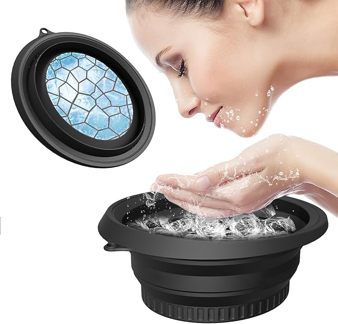 Large Silicone Bowl for Face Ice Bath with Built-In Icetray, Foldable and Hanging Design for Easy Storage and Carrying, Dipping Face Ice Bath at Home and Travel (Black)