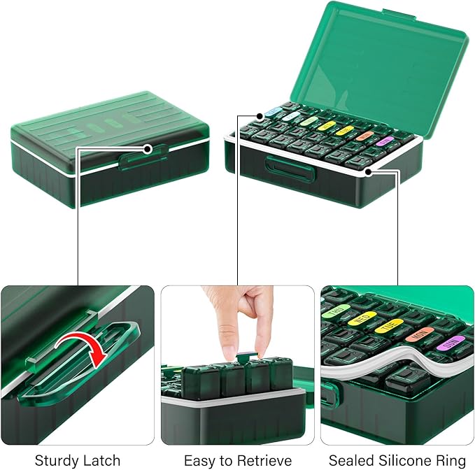 Weekly Pill Organizer 4 Times a Day, Large Compartments Pill Box 4X 7 Day, Medicine Organizer Pill Case for Pills/Vitamins/Fish Oils/Medication/Supplements (4x7 Dark Green)