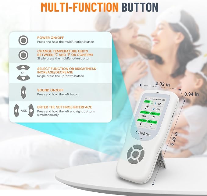 LifeBasis Air Quality Monitor Indoor, 10-in-1 Air Quality Detector with Stand, Real-Time Air Meter Test AQI, PM1.0, PM2.5, PM10, CO2, TVOC, HCHO, Particles, Temperature and Humidity with Alert -White