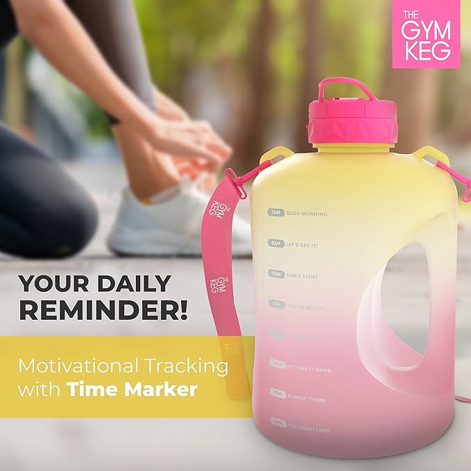 THE GYM KEG 1 Gallon Water Bottle (128oz) I 3.78l Big Water Jug I 128 oz Sports Bottle with Straw and Motivational Time Markings I Large Reusable Bottle | BPA-Free Plastic I Leakproof