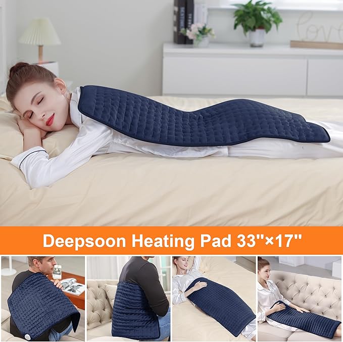 Deepsoon Heating Pad,Electric Heating Pads for Back,Neck,Abdomen,Moist Heating Pad for Shoulder,Knee,Arms,Legs,Dry/Moist Heat & Auto Shut Off,Christmas Gifts for Men and Women,Navy Blue,33x17 Inch