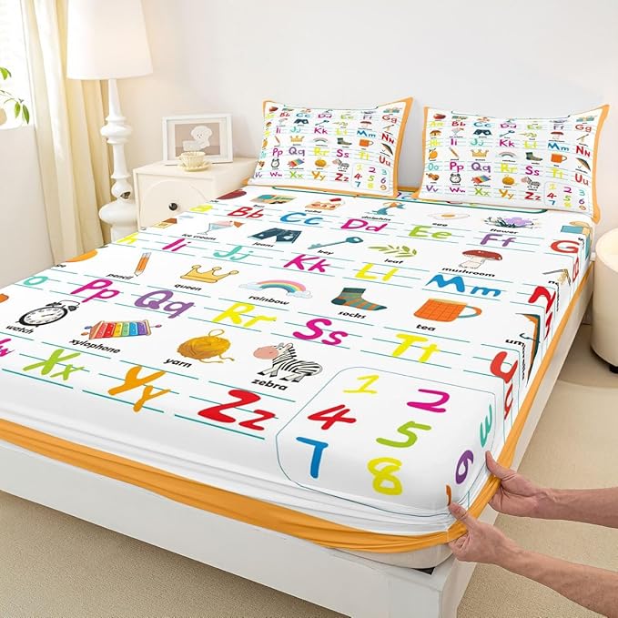 ABC Alphabet Bed Sheet Set Queen Size, Cute Educational Learning Tool Fitted Sheet for Kids Toddler Cartoon Animal Bedding Set Learning Educational Bed Cover Lightweight Bed Set (No Flat Sheet)