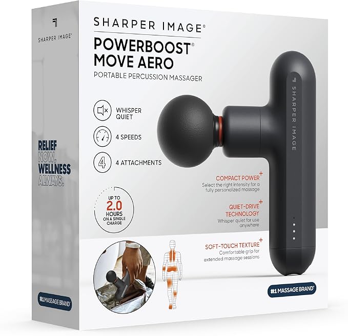 Sharper Image Powerboost Move Aero [New 2026 Version] Mini Deep Tissue Percussion Massage Gun| Muscle Recovery & Pain Relief Massage Tool| Full Body Back & Shoulder Massager| Gift for Men Women