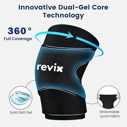 REVIX 3D Knee Ice Pack Wrap, Flexible Ice Compression Knee Sleeve with Innovative Dual-layer Gel, Reusable ice sleeve for knee, Cold Therapy for Knee, Elbow & Calf (L)