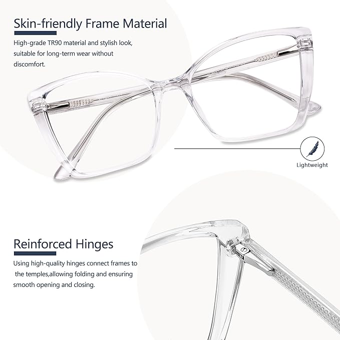 Blue Light Blocking Glasses for Women, Oversized Trendy Cat Eye Computer Gaming Glasses Anti Glare & UV Glare RF6204 (Clear Cateye Frame)