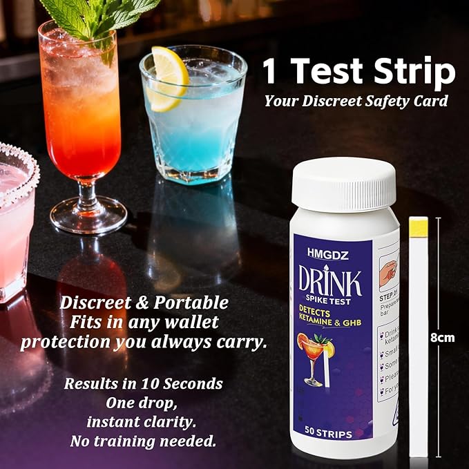 Drink Spike Test Strips - 50 Strips, GHB and Ketamine Detector, Ensures Drink Safety, 10-Second Results.Beverage, Wine, Cocktail, Beer, Juice, Water etc