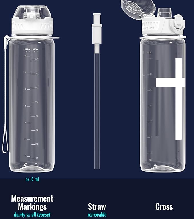 32oz/1L Sport Water Bottle, Light Tritan, Quick-Open Chug Lid/Straw 2-in-1, Leak-Proof, Dishwasher-Safe, BPA-Free, Drop-Resist & Scratch-Resist for Travel/Gym/Office/Church (Cross)