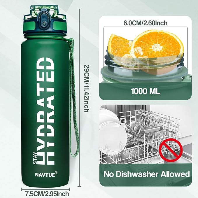 Water Bottle, 32oz Sports Water Bottles with Time Marker Wide Mouth, Motivational and Leakproof Drink Bottle, BPA Free Tritan with Carry Strap for Gym Fitness Outdoor (1 Bottle)