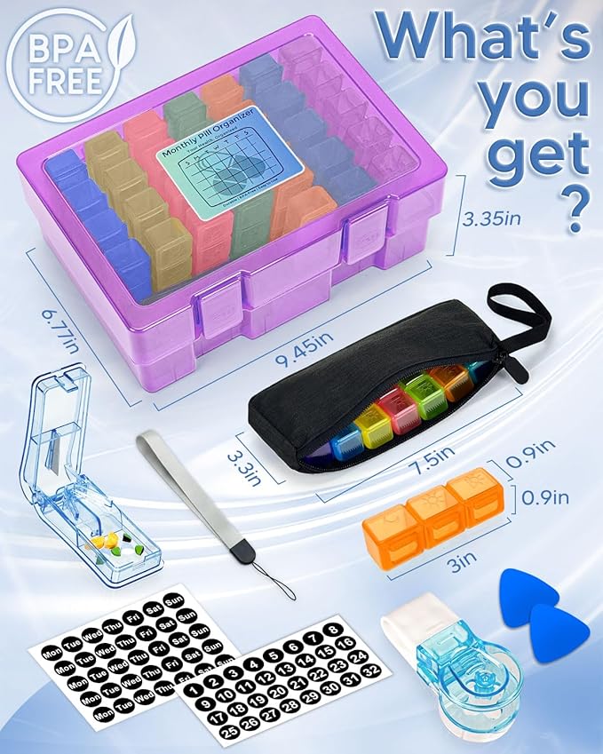Monthly Pill Organizer 2 Times a Day – Yonlog Large Medicine Box with Weekly Travel Bag, Pill Cutter, Easy-Open Pick, Pill Taker Tool, and 2 Medication Stickers (Purple, 3 Times a Day)