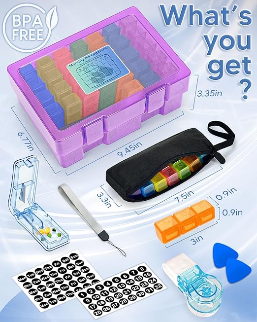 Monthly Pill Organizer 3 Times a Day, FRIWOLE Medicine Box with Portable Weekly Pill Bag, Pill Taker Remover, Pill Cutter and 2 Sticker (Purple, 3 Times a Day)