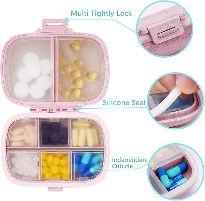 Travel Pill Organizer Small Pill Box Portable Daily 8 Compartment Pill Case for Purse Pocket Medicine Vitamin Holder Container（Wheat Pink）