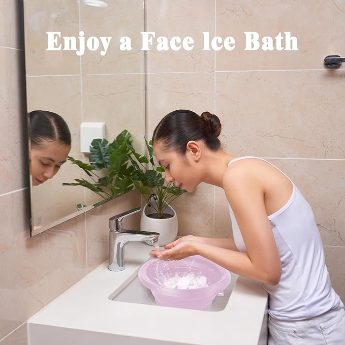 Large Silicone Bowl for Face Ice Bath with Built-In Icetray, Foldable and Hanging Design for Easy Storage and Carrying, Dipping Face Ice Bath at Home and Travel (Purple)