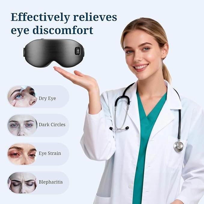 100% Silk Wireless Heated Eye Mask with Cooling - 3 Heat Settings, for Dry Eyes, Puffiness & Dark Circles - Adjustable, Washable, Travel-Friendly (Black)