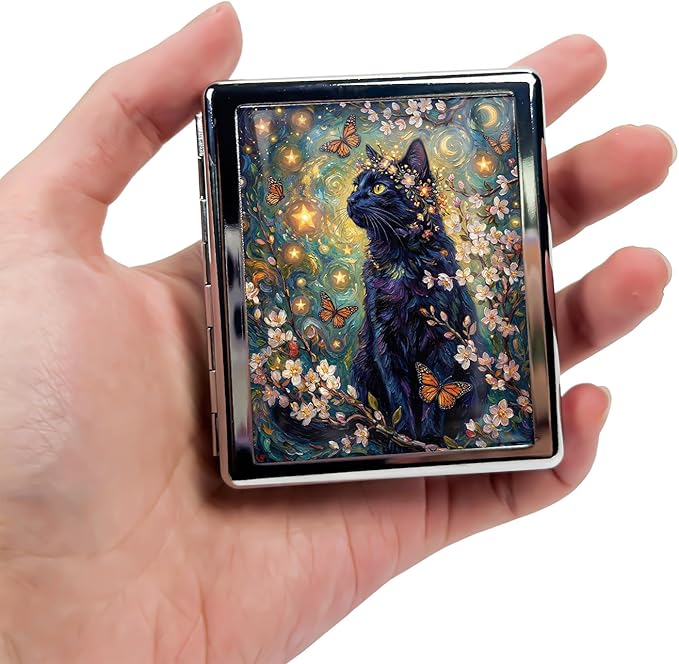 Metal 7 Day Pill Organizer, Weekly Pill Case 8 Compartments, Travel Pill Box for Purse & Pocket, Small Medicine & Vitamin Organizer, PP Dividers, Secure Clasp (Starry Black Cat)