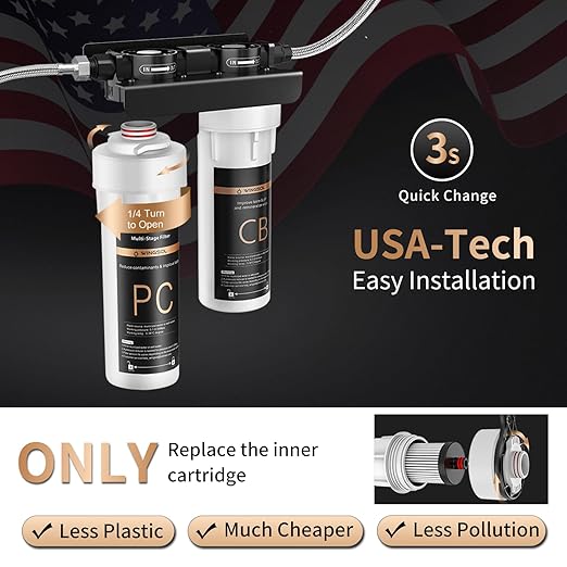 WINGSOL Under Sink Water Filter System, 2-Stage Deep Filtration, Reduce Heavy Metals/Chlorine/PFAS/Odor/Sediment, NSF/ANSI 42&53 Improve Taste, Life Indication Mineral pH+ Under Sink Water Filter