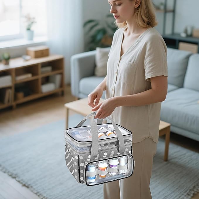 LUXJA Double-Layer Medicine Bag with Transparent Compartment, Pill Bottle Organizer with Detachable Divider (Suitable as a Home or Travel Medicine Bag), Polka Dots