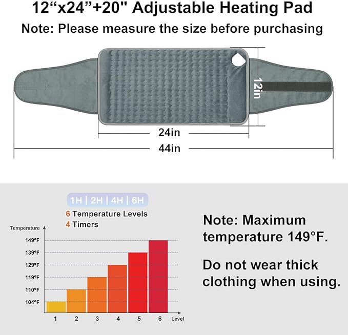 MELCAM Heating Pad for Back Pain Relief, 12"x24"+20" Large Electric Heating Pad for Period Cramps with Belt, 6 Heats Levels & 4 Timers, Auto Shut Off, Machine Washable, Gifts for Women Men Mom Dad