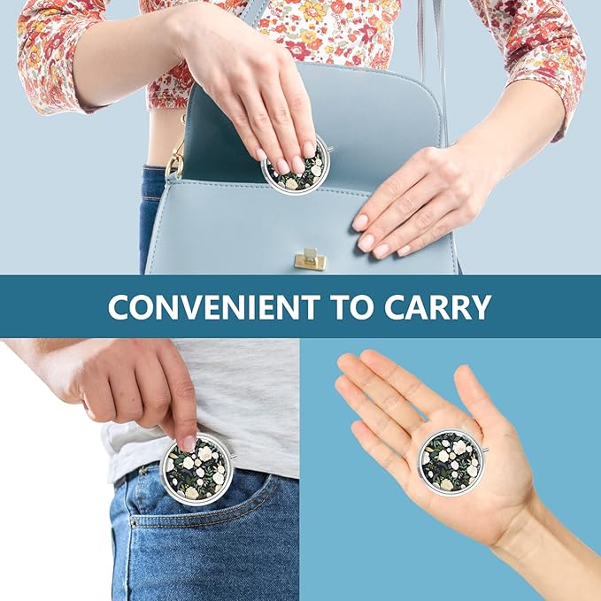 Pill Box 3 Compartment Small Pill Case,Portable for Pocket or Purse Pill Organizer Pill Container Holder to Hold Vitamins, Medication, Fish Oil and Supplements(Elegant Flowers)