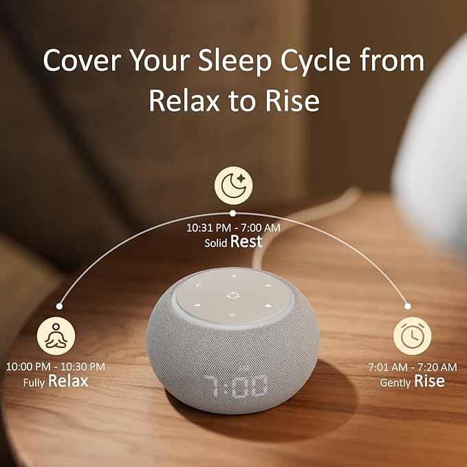 Hotmoon Alarm Clock with Sound Machine for Sleep, Luna Pro Dual-Stage Alarm, 507 Relaxing Sounds, Smart Night Light & Timer, Pink Green Brown White Noise Machine for Sleeping, Plug in, Cool Gray