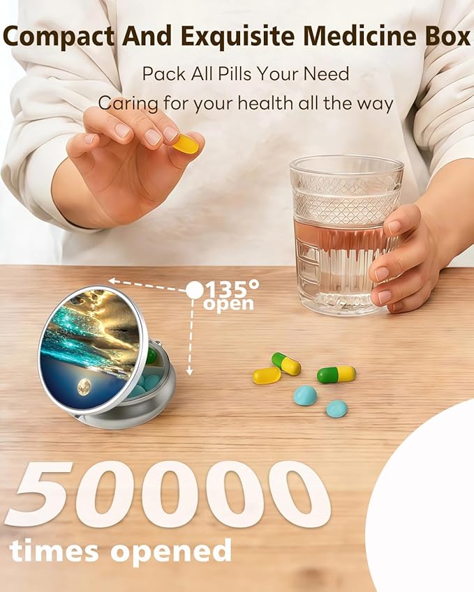 LRITER Pill Case, Portable Travel Pill Box, Pillbox Organizer, Cute Small Medicine Storage Container, Purse Accessories for Women, Men (Moonlight Sea)