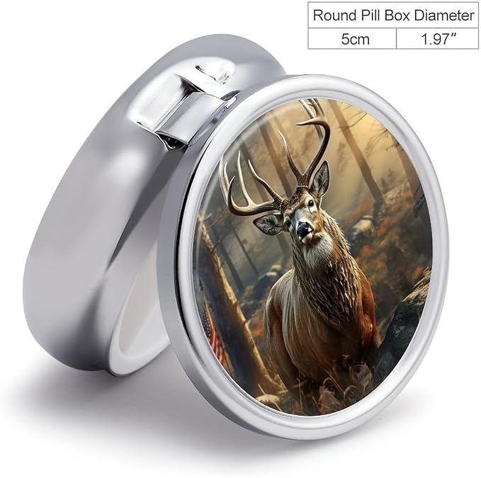 Deer Hunting Season Pill Box 3 Compartment Waterproof Pill Case with Mirror Round Container Metal Medicine Box Organizer Portable Vitamin Case for Pocket & Purse Travel