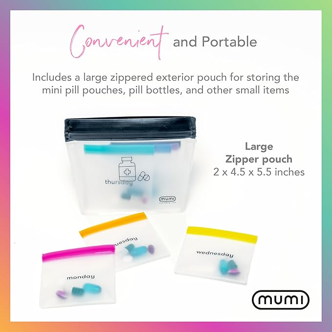 MUMI Ultimate Wellness Bundle - Pill Pouch Set and Single Dose Kit - 7pc Mini Pill Bags with 1 Large Zipper Pouch and 7pc Powder Supplement Packets with 1 Large Zipper Pouch