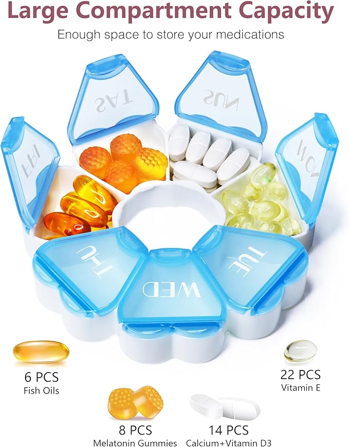 Cute Pill Organizer 7 Day, Color Blocking Weekly Pill Box, Daily Medicine Container with Large Compartments for Fish Oils/Vitamins/Medication/Supplements (Blue)