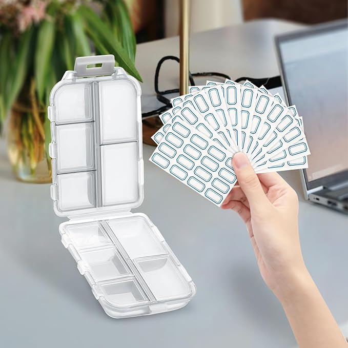 INVODA 12PCS 10-Compartment Pill Organizer BPA-Free Travel Pill Case with Daily Labels Portable Medicine Box for Vitamins, Supplements & Jewelry