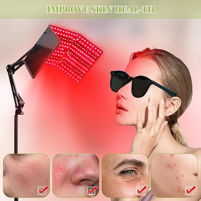 Foldable Red Light Lamp with Protective Glasses,480 LEDs 660nm Red & 850nm Near Infrared Lamp with Adjustable Stand,6 Time Settings,5 Brightness,3 Light Modes