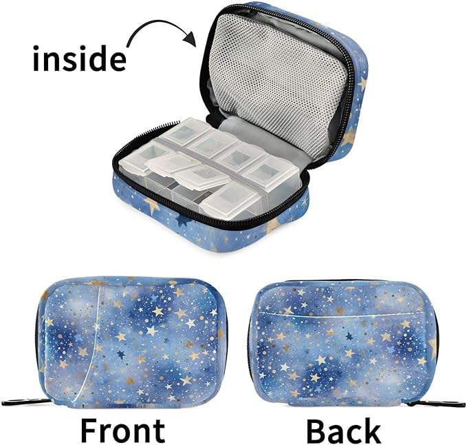 Blue Romantic Golden Stars Travel Pill Organizer Case Box Container Weekly Portable Vitamin Medicine Holder Storage Bag with Zipper Removable