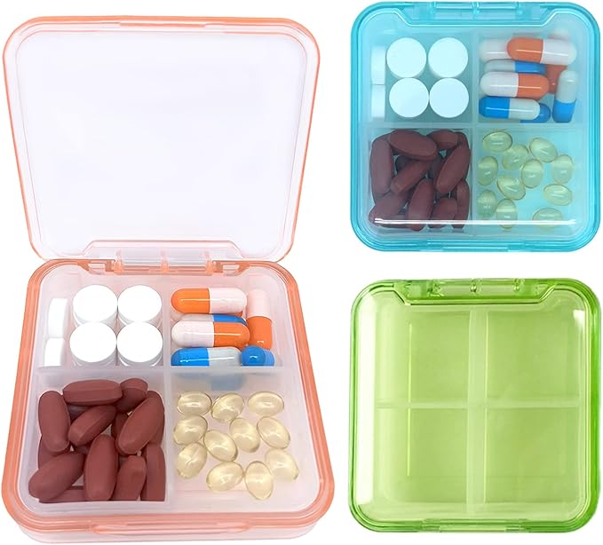 3PCS Pill Case for Pocket Travel Pill Organizer Small Pill Box Portable 4 Compartments Removable Medicine Organizer for Vitamin Fish Oil (3PCS)