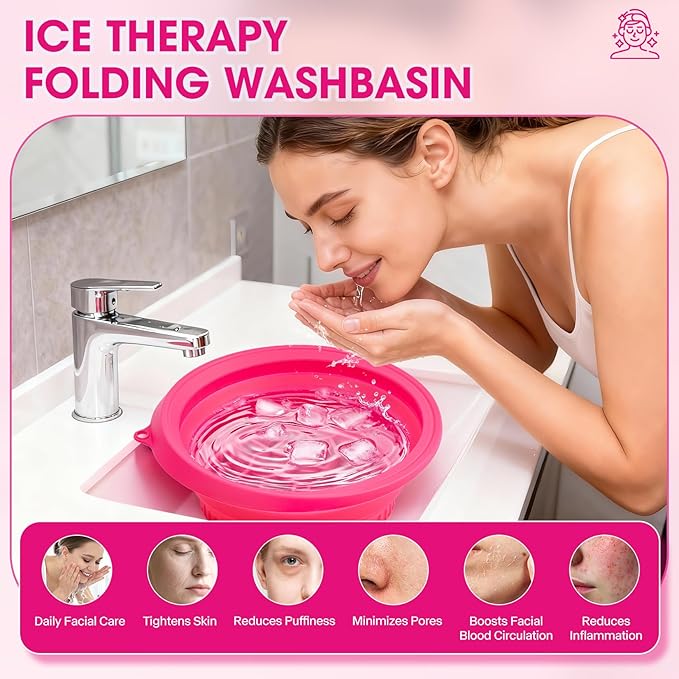 Portable Facial Ice Bath Bowl - Foldable Silicone Bowl with Built-In Ice Tray for Skincare, Suitable for Skin Facial Icebath at Home (Rose)