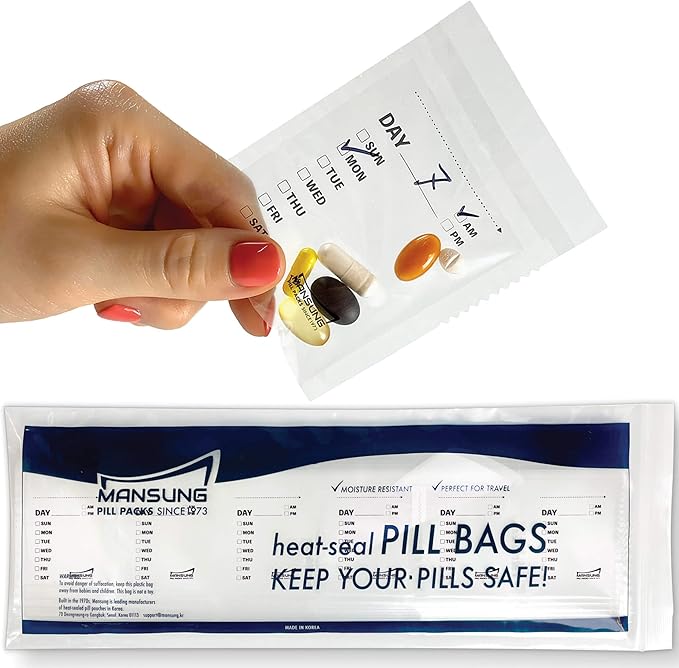 Mansung M 600 Bags/Week, Heat Seal Pill Bag pouche Pack Sealed for Medicine Funnel Tray Loading AM PM Organizer Dispenser kit Daily Sealing Filler Vitamin sorter envelopes Machine Blister Packs