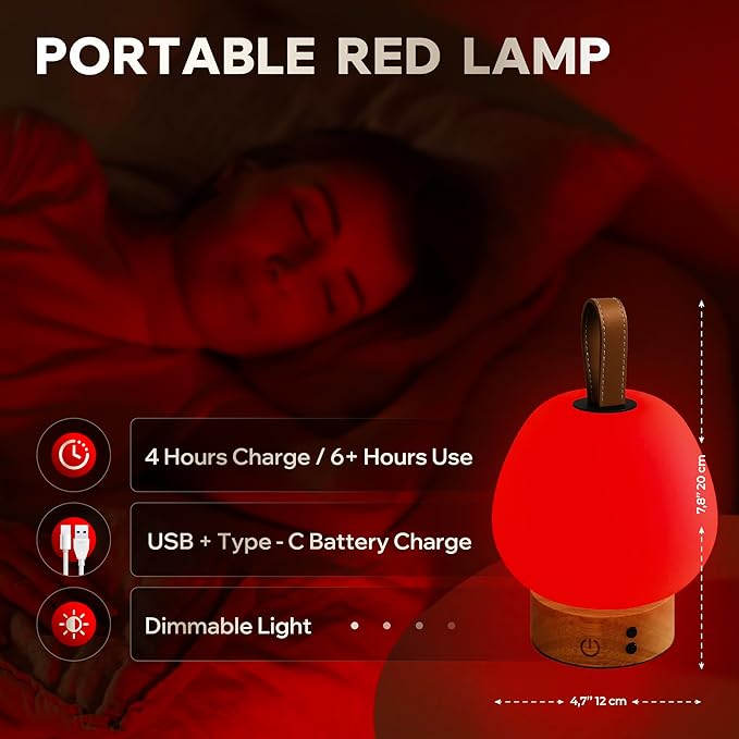 liderstar Red Light Therapy Sleep Lamp – 660nm Glow for Better Sleep | Cordless, Dimmable Night Light with Timer | Rechargeable, Portable Red Lamp for Bedroom (Light Wood)