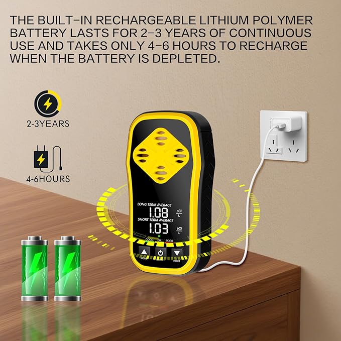 Digital Radon Detector - HD LCD Desktop Monitor with 10-Year Sensor, 2-3 Year Battery (6H Charge), Real-Time pCi/L Readings for Home & Office Safety