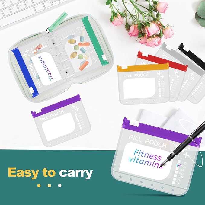 Water-Proof Pill Pouch Set， Large Pill Organizer, Pill Loose-Leaf Storage with Color-Coded Medicine Pouches,BPA Free, Reusable Travel Medicine Organizer， Zippered Pill Organizers Weekly