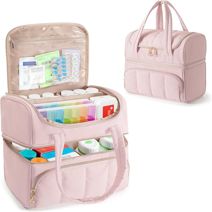 Damero Double Layers Medicine Bottle Organizer, Lockable Pill Bottle Organizer Medicine Bag with Lockable Zipper and Detachable Dividers for Medication, Vitamins or Medical Supplements, Pink
