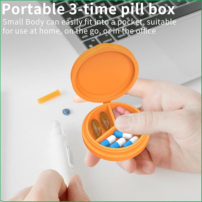 2 Pack Small Pill Box,Premium Thick Silicone 3 Compartment Travel Pill Box for Home/Desk Organizer, Portable Compact Medicine Holder for Vitamin, Cod Liver Oil, Supplement(Orange+Yellow)