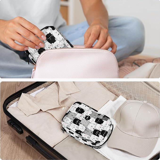 Black White Cat Pill Case Travel Pill Organizer Weekly 7 Day Portable with Zipper Medicine Box Pill Case for Vitamins, Birth Control,Fish Oils,Medication, Supplements
