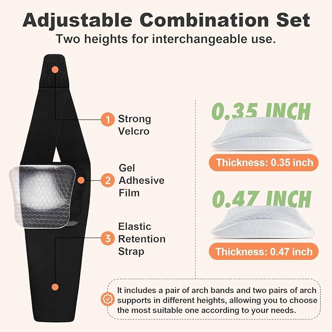 Wearable Arch Support Inserts for Women & Men – 2 Adjustable Heights, Non-Slip Breathable – Plantar Fasciitis Relief Arch Band for Flat Feet, High Arches