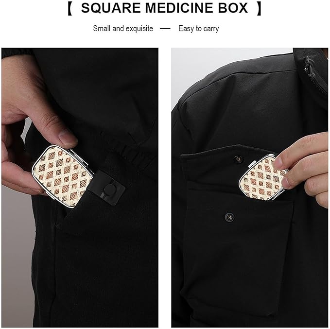 Pill Box Ivory and Brown Square Pill Case Mini Metal Travel Pillbox for Purse Small Cute 2 Compartment Medicine Pill Organizer Portable Pill Container Holder for Daily Medicine Vitamin