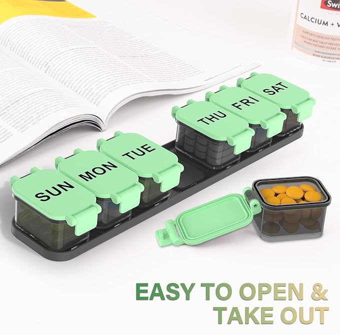 Extra Large Weekly Pill Organizer - XL Vitamin Holder with 7 Detachable Compartments, Portable Medicine Pill Organizer for Supplements, Daily Pill Case for Home and Travel,Green