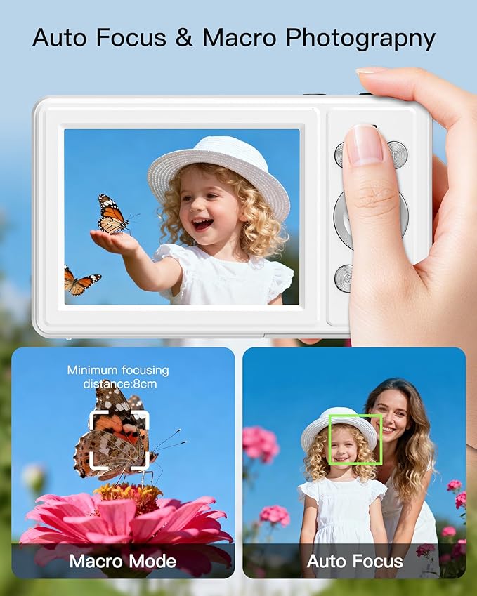 Digital Camera, FHD 1080P Point and Shoot Camera with 32GB SD Card, 2 Batteries, 16X Zoom, Anti Shake, Compact Small Design for Kids Teens Students Girls Boys (White)