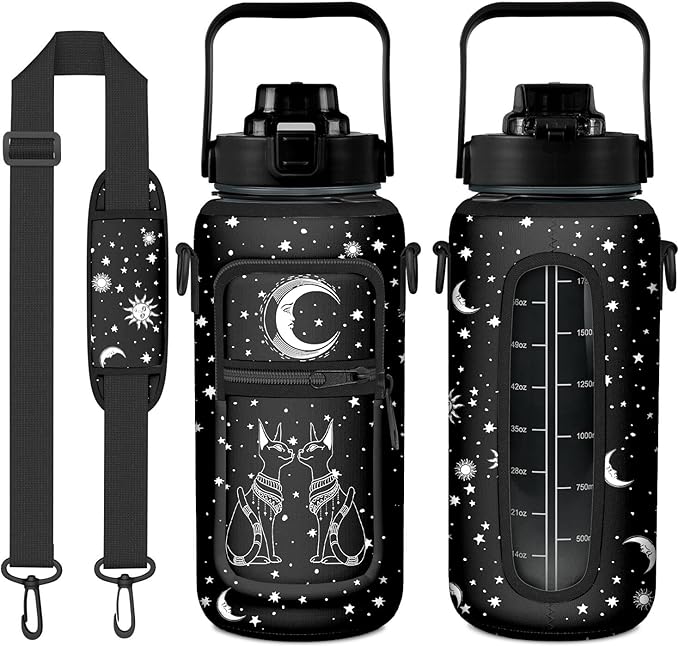 Goth Black Moon Half Gallon Water Bottle with Sleeve -Flip Top Bpa Free 64 OZ - Motivational Time Marker Leakproof Water Jug - Goth Gifts for Women - Halloween Moon for Gifts