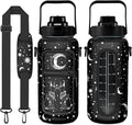 Goth Black Moon Half Gallon Water Bottle with Sleeve -Flip Top Bpa Free 64 OZ - Motivational Time Marker Leakproof Water Jug - Goth Gifts for Women - Halloween Moon for Gifts