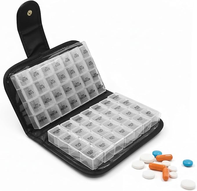 Week AM/PM Pill Organizer Box, Waterproof Travel Medicine Case, Portable Vitamin Holder, Compact Daily Pill Storage for Home, Office, and On-The-Go Use, Durable Med Organizer (Black)