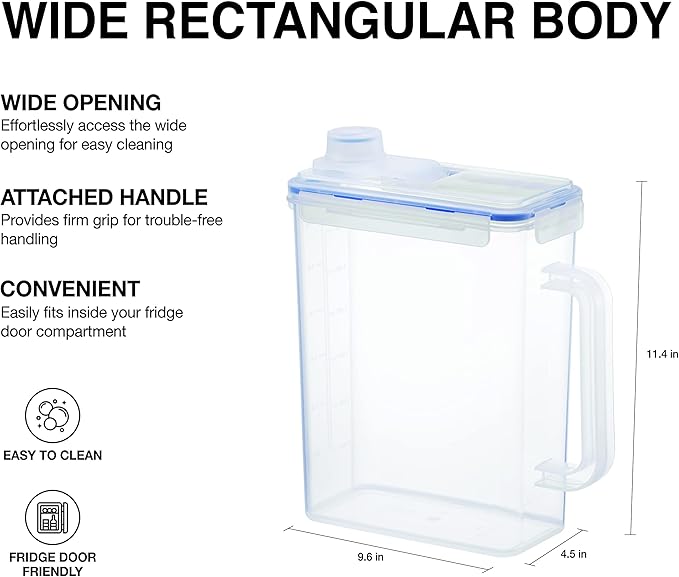 LocknLock Aqua Fridge Door Water Jug with Handle BPA Free Plastic Pitcher with Screw Top Lid Perfect for Making Teas and Juices, 1 Gallon, Clear