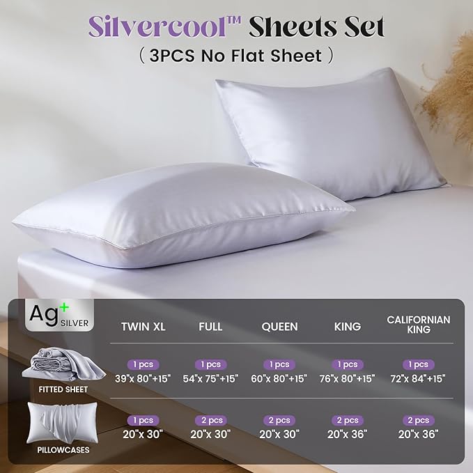 Silver Infused Bed Sheets, 10% Silver Cooling Sheets, Natural & Anti-Odor, Hypoallergenic Bedding for Hot Sleepers & Sensitive Skin - King Set, No Flat Sheet
