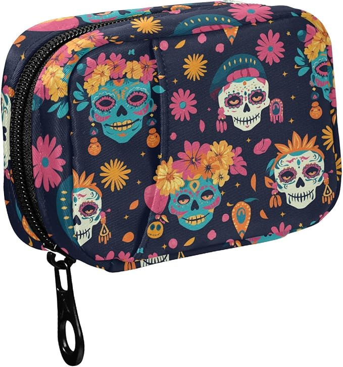 Fustylead Beautiful Sugar Skulls Women and Floral Pill Organizer for Purse, Weekly Portable Pill Box with Zipper to Storage Vitamins Fish Oils Medications Supplements